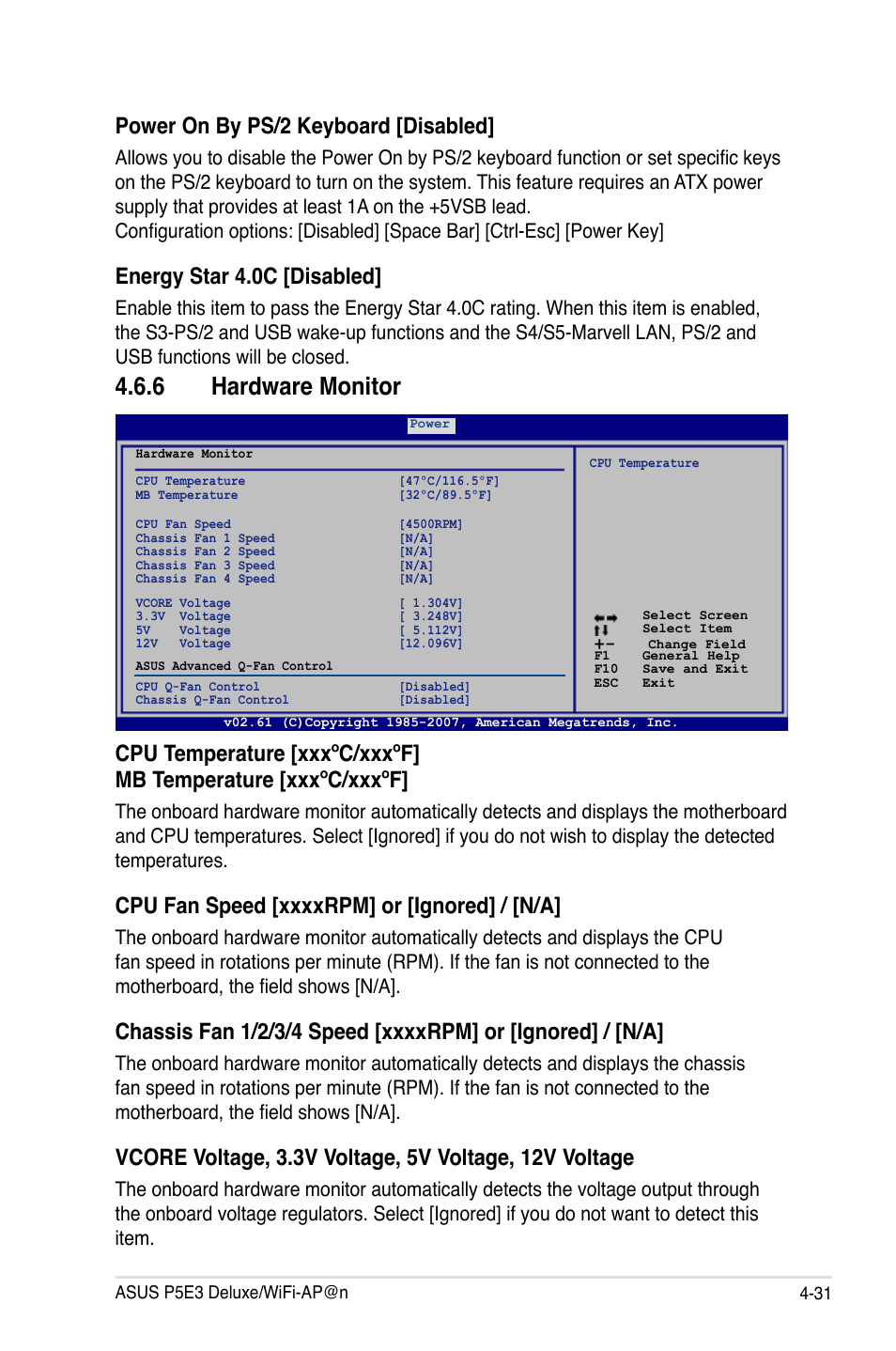 6 hardware monitor, Power on by ps/2 keyboard [disabled, Energy star 4.0c [disabled | Asus P5E3 DELUXE/WiFi-AP User Manual | Page 101 / 194