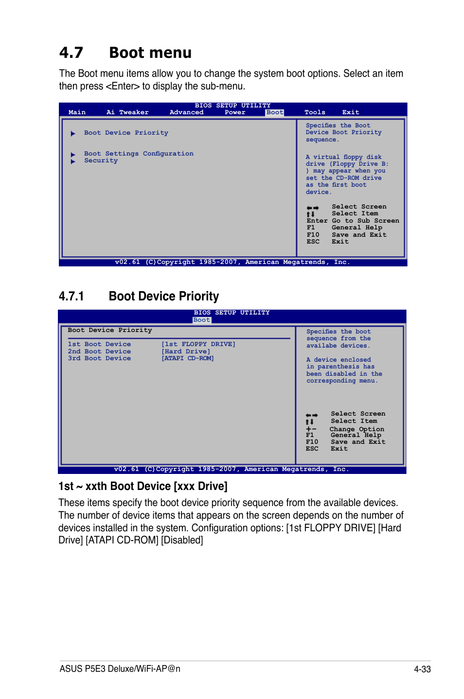 7 boot menu, 1 boot device priority, 1st ~ xxth boot device [xxx drive | Asus P5E3 DELUXE/WiFi-AP User Manual | Page 103 / 194