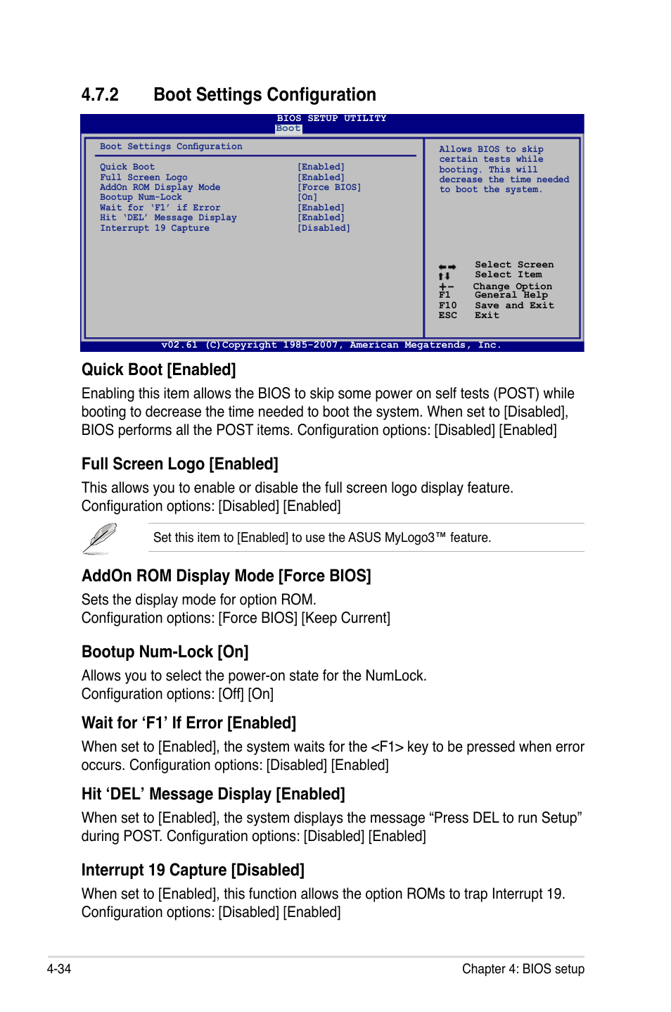 2 boot settings configuration, Quick boot [enabled, Full screen logo [enabled | Addon rom display mode [force bios, Bootup num-lock [on, Wait for ‘f1’ if error [enabled, Hit ‘del’ message display [enabled, Interrupt 19 capture [disabled | Asus P5E3 DELUXE/WiFi-AP User Manual | Page 104 / 194