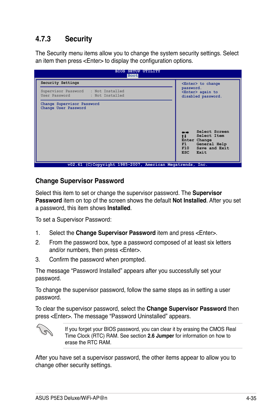 3 security, Change supervisor password | Asus P5E3 DELUXE/WiFi-AP User Manual | Page 105 / 194