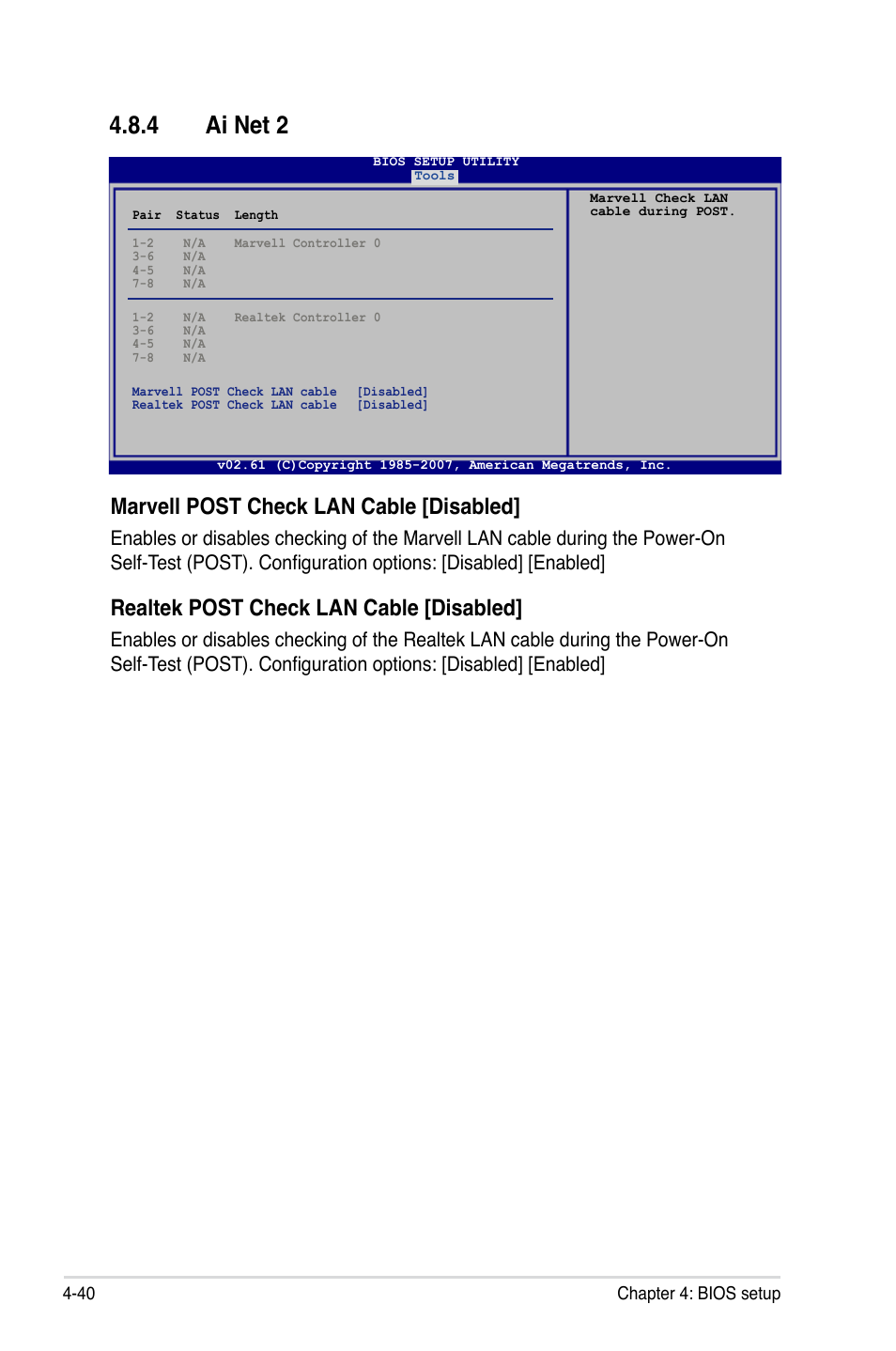 4 ai net 2, Marvell post check lan cable [disabled, Realtek post check lan cable [disabled | Asus P5E3 DELUXE/WiFi-AP User Manual | Page 110 / 194