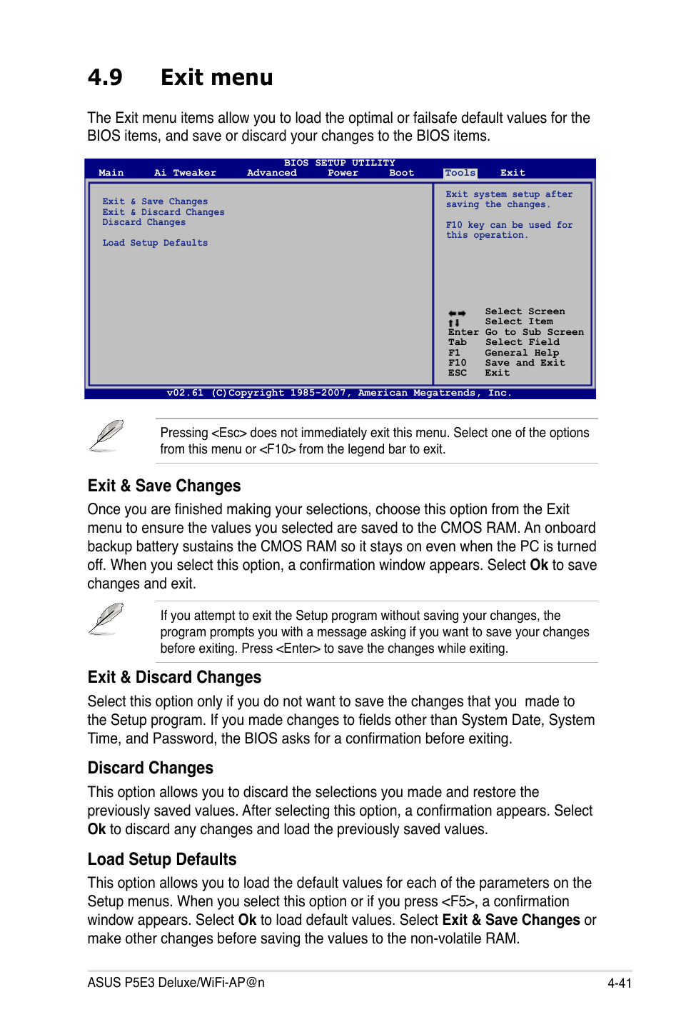 9 exit menu, Exit & save changes, Exit & discard changes | Discard changes, Load setup defaults | Asus P5E3 DELUXE/WiFi-AP User Manual | Page 111 / 194