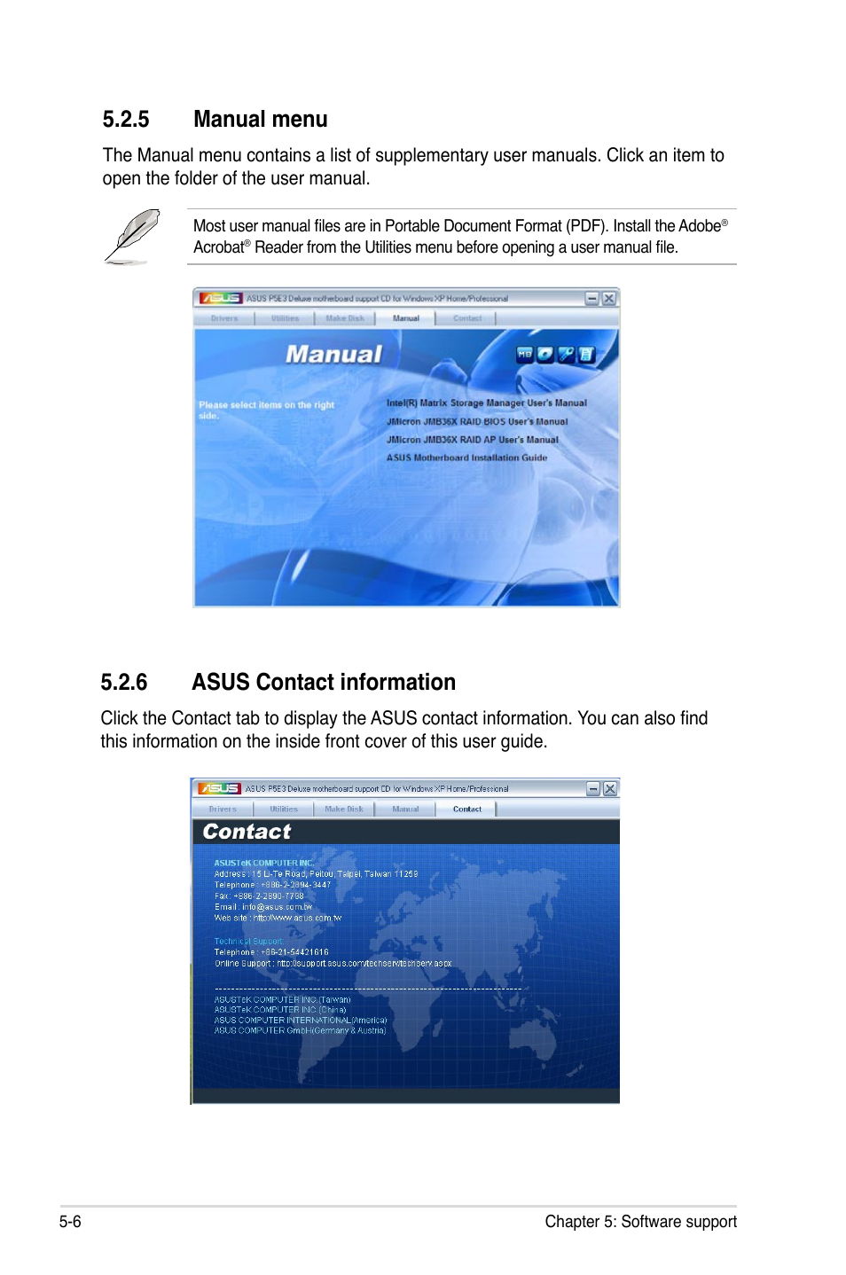 5 manual menu, 6 asus contact information | Asus P5E3 DELUXE/WiFi-AP User Manual | Page 120 / 194