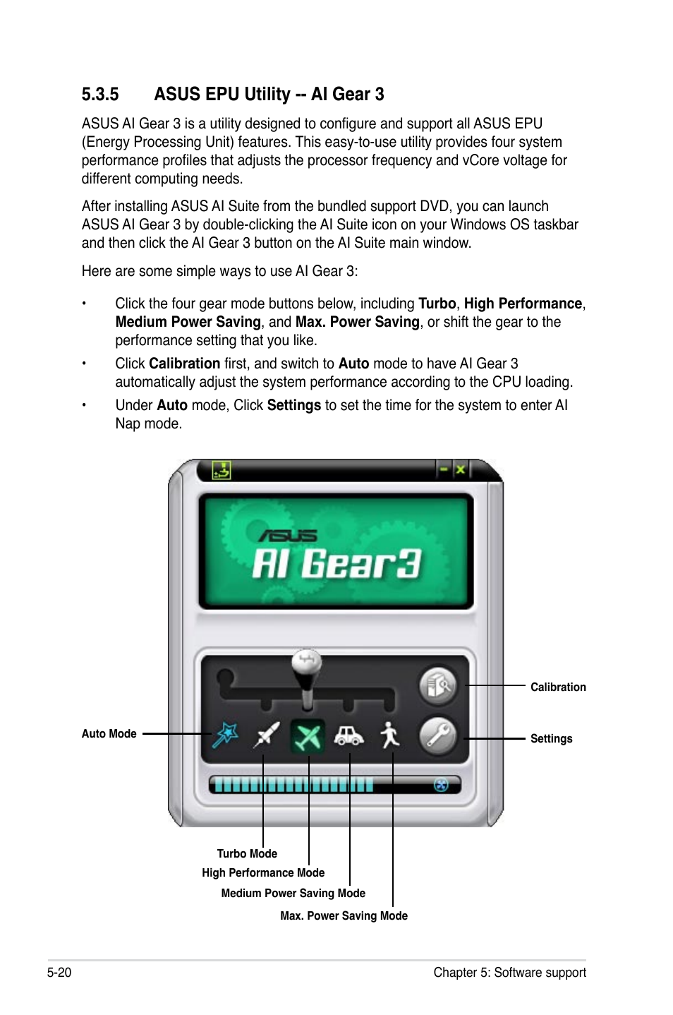 5 asus epu utility -- ai gear 3 | Asus P5E3 DELUXE/WiFi-AP User Manual | Page 134 / 194