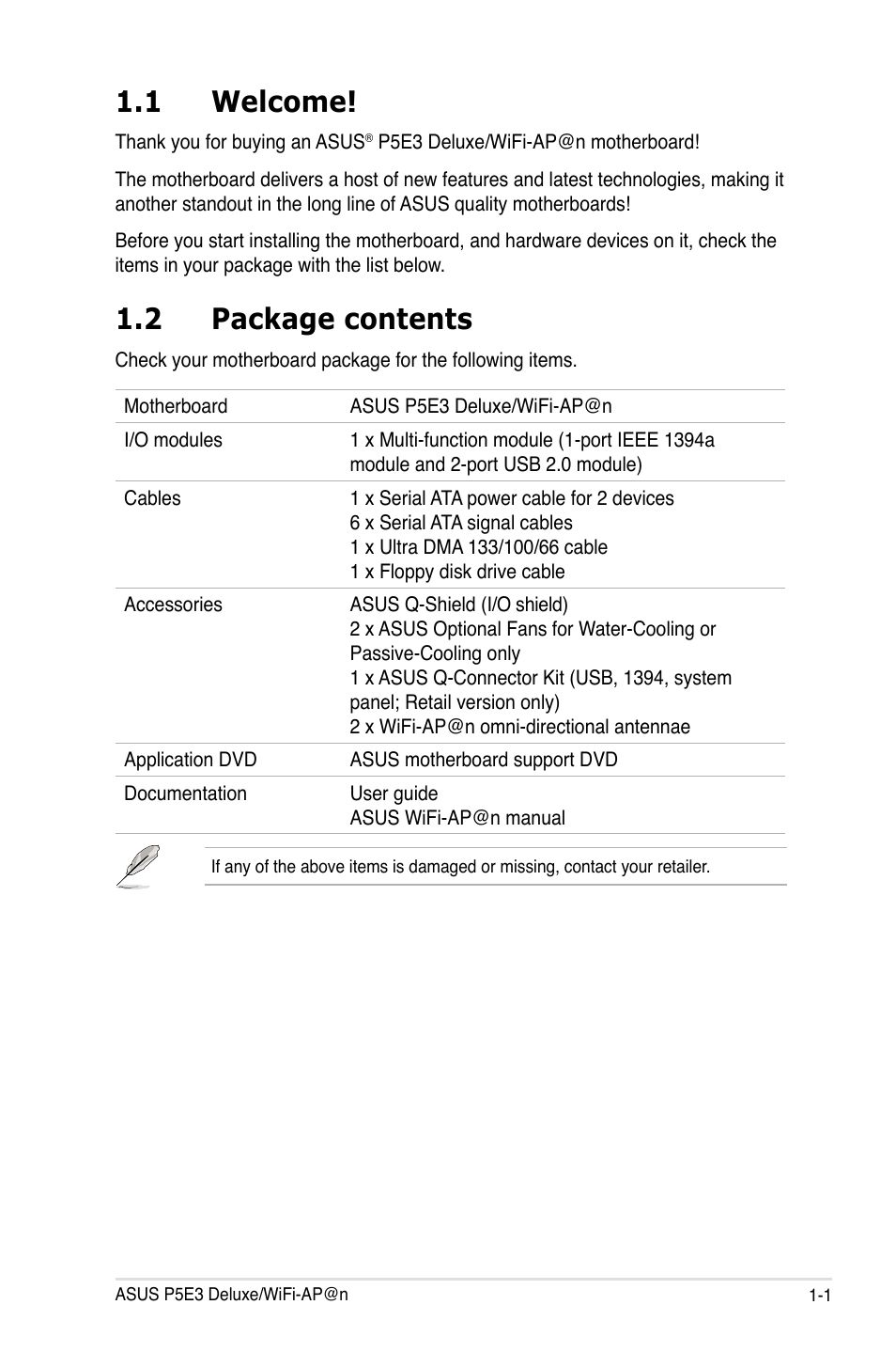 1 welcome, 2 package contents | Asus P5E3 DELUXE/WiFi-AP User Manual | Page 17 / 194