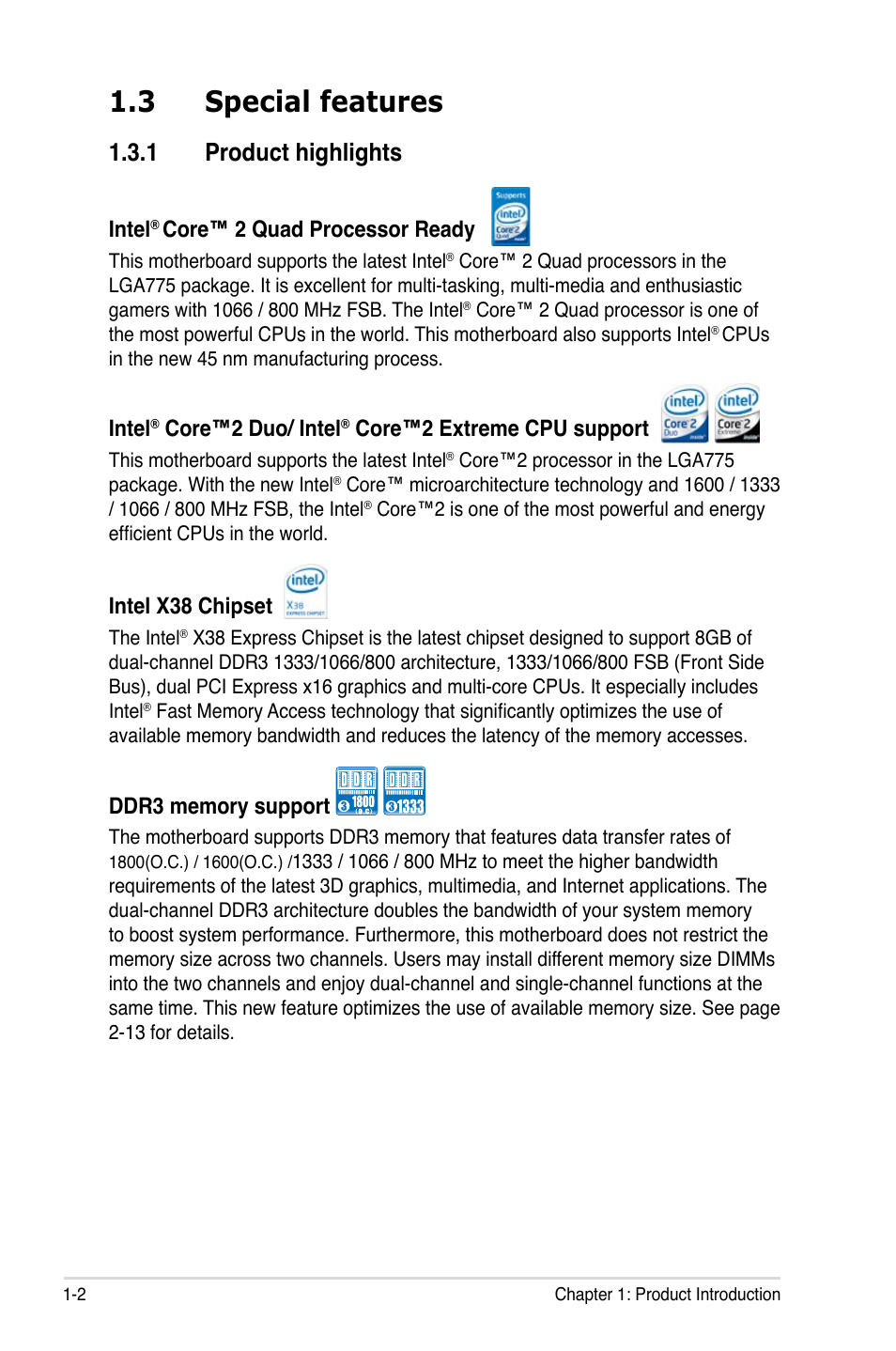 3 special features, 1 product highlights, Intel | Core™ 2 quad processor ready, Core™2 duo/ intel, Core™2 extreme cpu support, Intel x38 chipset | Asus P5E3 DELUXE/WiFi-AP User Manual | Page 18 / 194