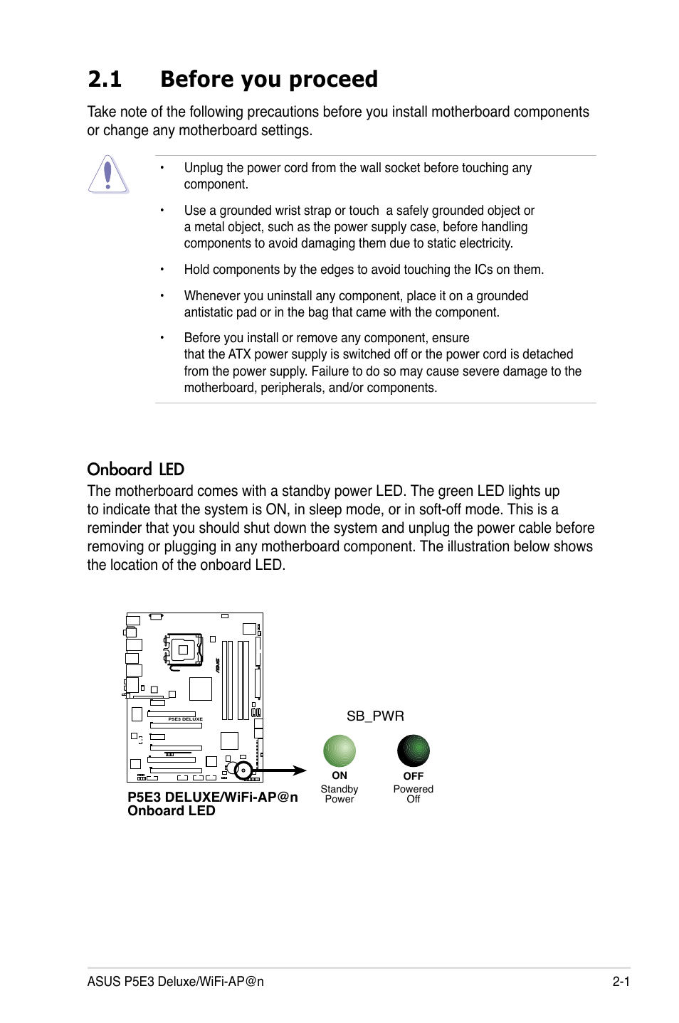 1 before you proceed, Onboard led | Asus P5E3 DELUXE/WiFi-AP User Manual | Page 27 / 194