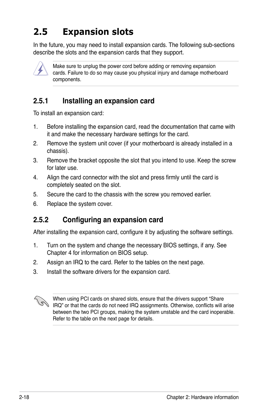 5 expansion slots, 1 installing an expansion card, 2 configuring an expansion card | Asus P5E3 DELUXE/WiFi-AP User Manual | Page 44 / 194