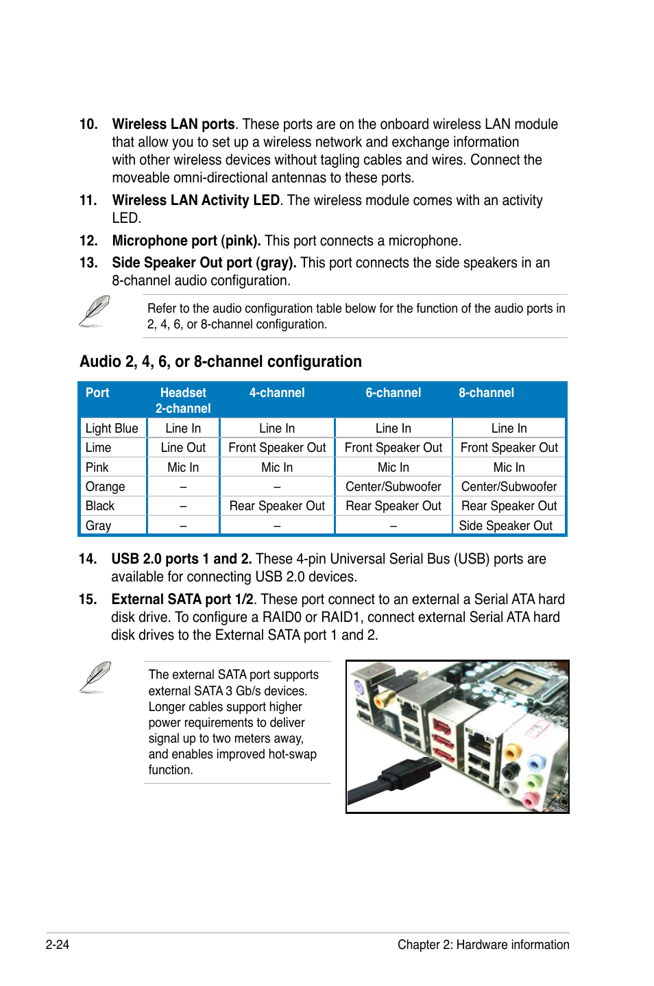 Audio 2, 4, 6, or 8-channel configuration | Asus P5E3 DELUXE/WiFi-AP User Manual | Page 50 / 194