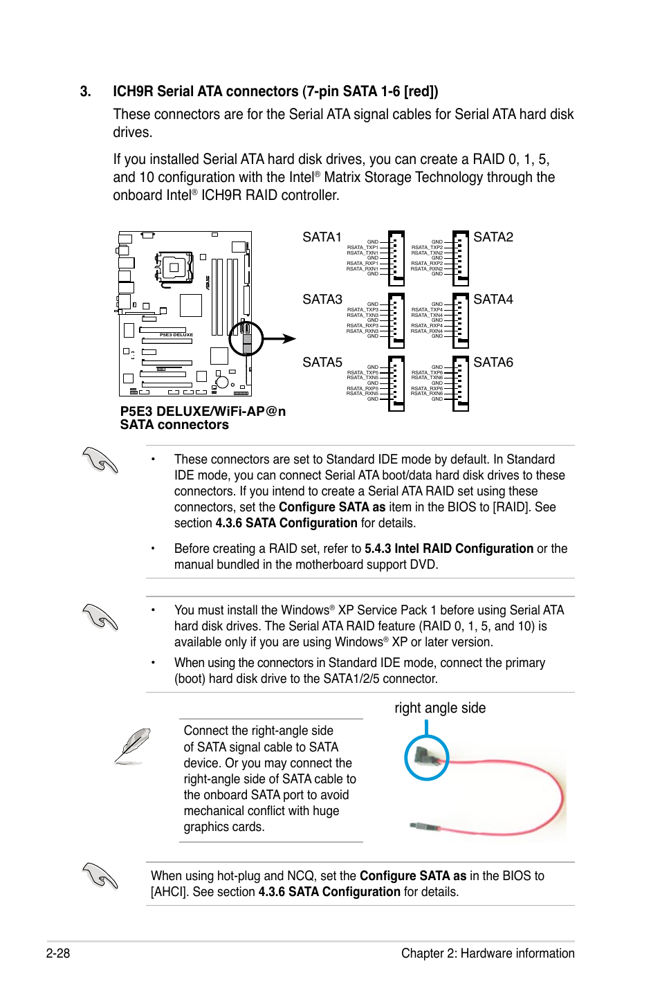 Right angle side, Ich9r raid controller, You must install the windows | P5e3 deluxe/wifi-ap@n sata connectors, Sata1, Sata2, Sata3, Sata4, Sata5, Sata6 | Asus P5E3 DELUXE/WiFi-AP User Manual | Page 54 / 194