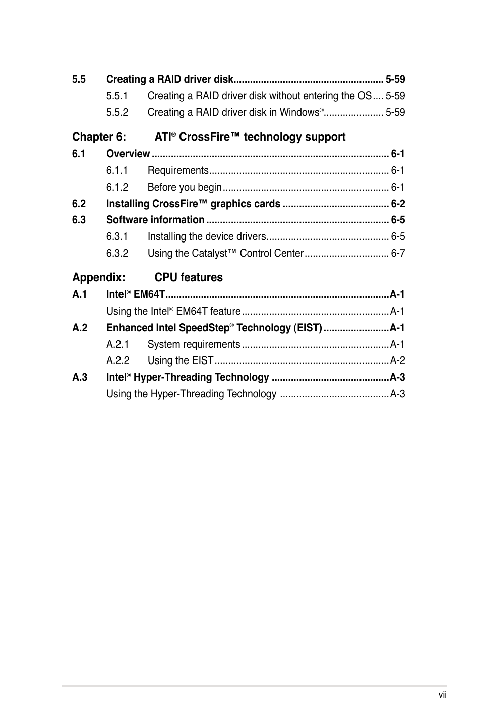 Chapter 6: ati, Crossfire™ technology support, Appendix: cpu features | Asus P5E3 DELUXE/WiFi-AP User Manual | Page 7 / 194