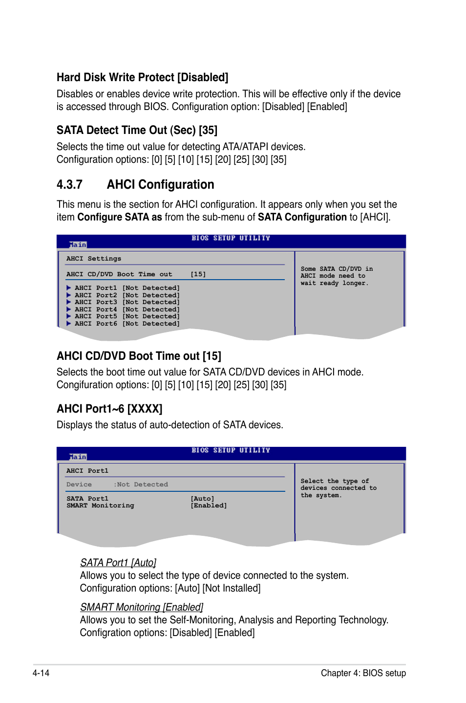 7 ahci configuration, Hard disk write protect [disabled, Sata detect time out (sec) [35 | Ahci cd/dvd boot time out [15 | Asus P5E3 DELUXE/WiFi-AP User Manual | Page 84 / 194