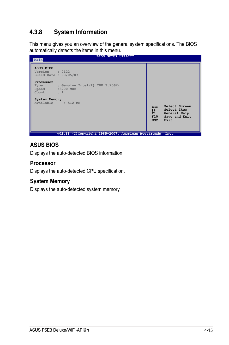 8 system information, Asus bios, Processor | Displays the auto-detected bios information, Displays the auto-detected cpu specification | Asus P5E3 DELUXE/WiFi-AP User Manual | Page 85 / 194