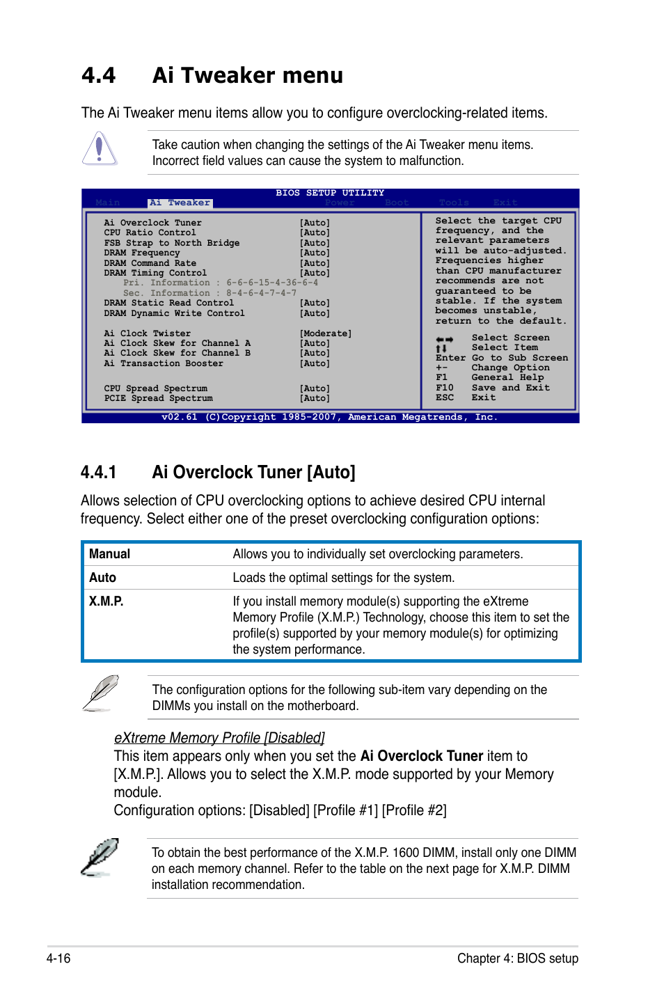 4 ai tweaker menu, 1 ai overclock tuner [auto | Asus P5E3 DELUXE/WiFi-AP User Manual | Page 86 / 194