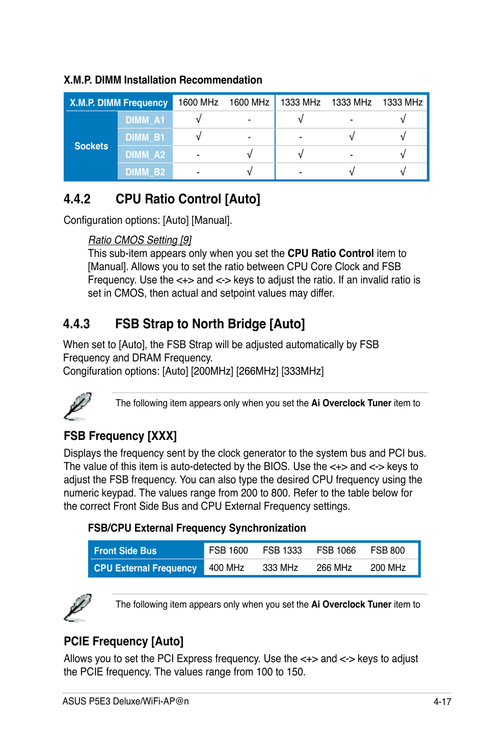 2 cpu ratio control [auto, 3 fsb strap to north bridge [auto, Fsb frequency [xxx | Pcie frequency [auto | Asus P5E3 DELUXE/WiFi-AP User Manual | Page 87 / 194