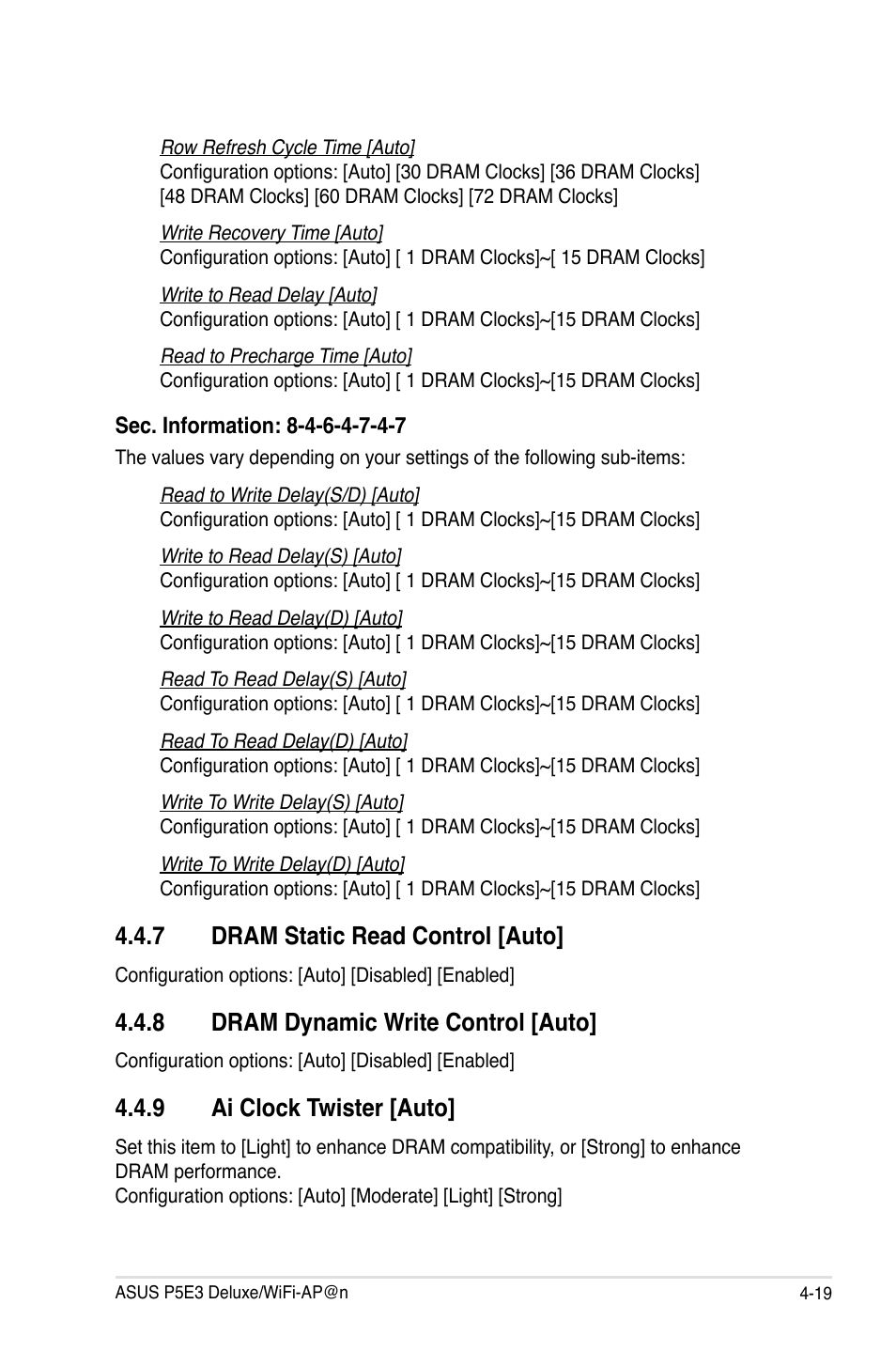 7 dram static read control [auto, 8 dram dynamic write control [auto, 9 ai clock twister [auto | Asus P5E3 DELUXE/WiFi-AP User Manual | Page 89 / 194