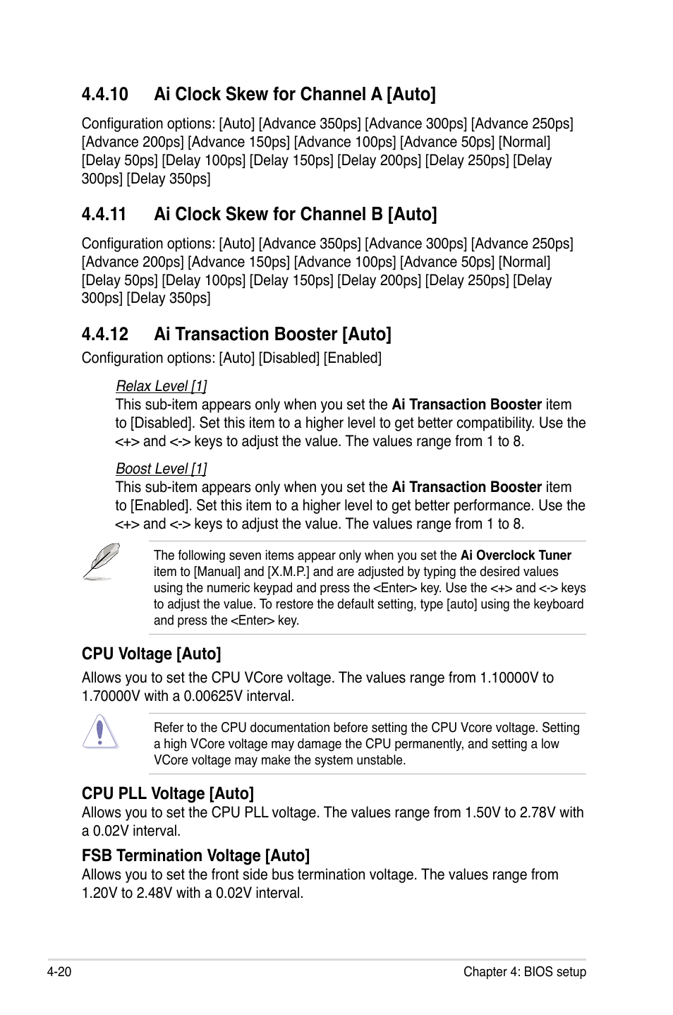 10 ai clock skew for channel a [auto, 11 ai clock skew for channel b [auto, 12 ai transaction booster [auto | Asus P5E3 DELUXE/WiFi-AP User Manual | Page 90 / 194