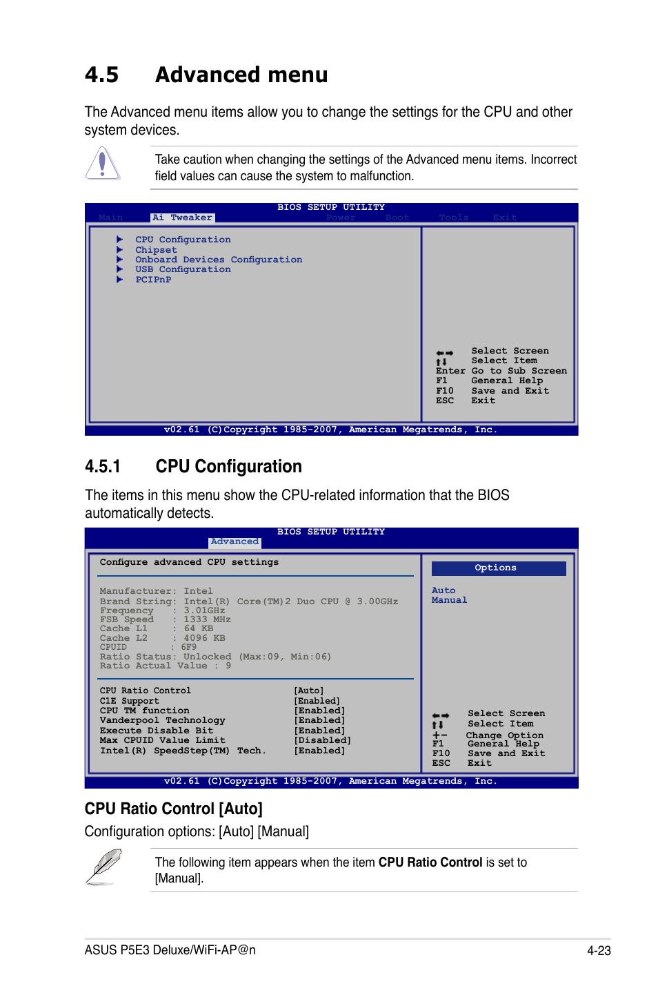 5 advanced menu, 1 cpu configuration, Cpu ratio control [auto | Configuration options: [auto] [manual | Asus P5E3 DELUXE/WiFi-AP User Manual | Page 93 / 194