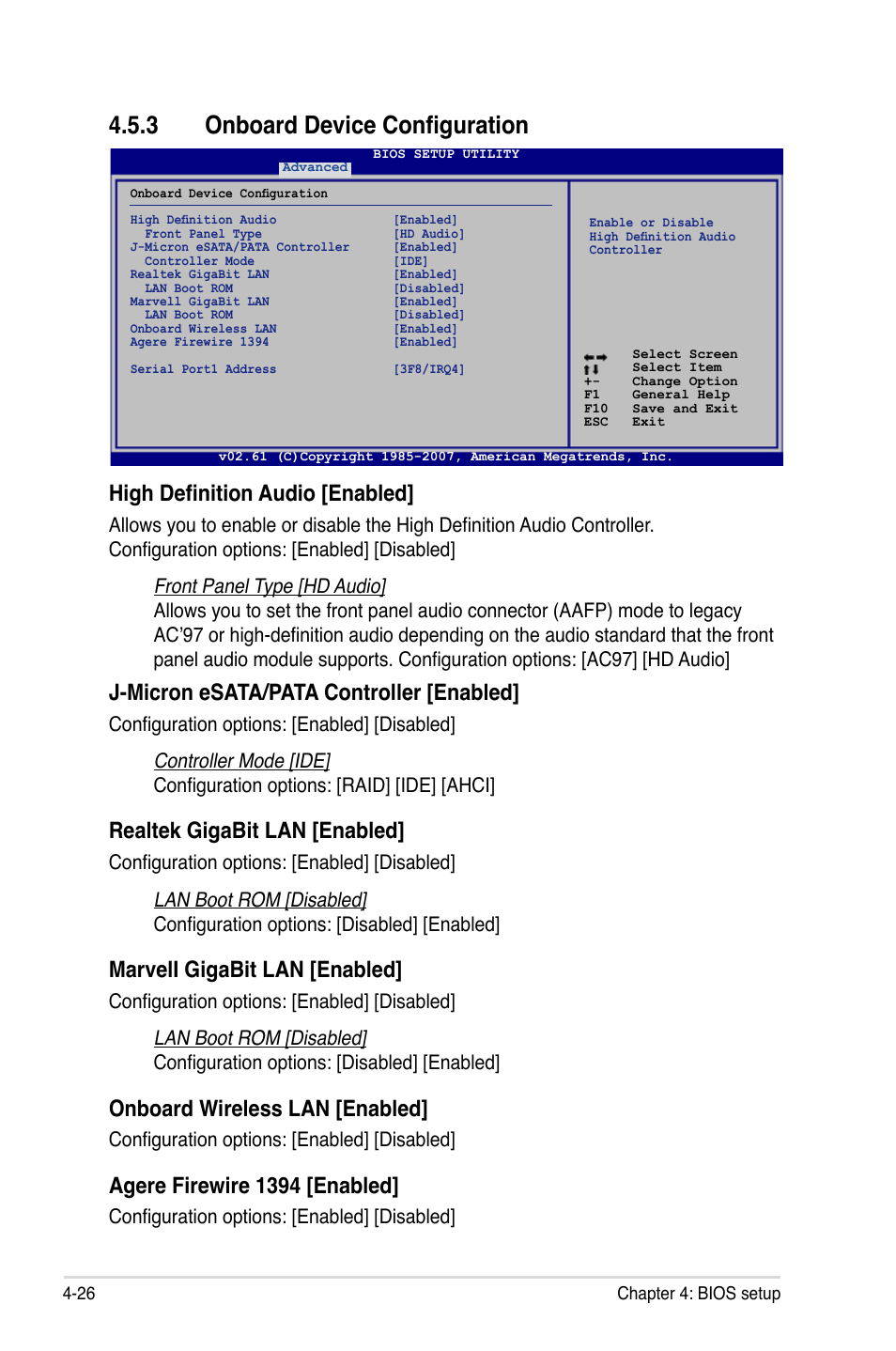 3 onboard device configuration, High definition audio [enabled, J-micron esata/pata controller [enabled | Realtek gigabit lan [enabled, Marveli gigabit lan [enabled, Onboard wireless lan [enabled, Agere firewire 1394 [enabled, Configuration options: [enabled] [disabled | Asus P5E3 DELUXE/WiFi-AP User Manual | Page 96 / 194