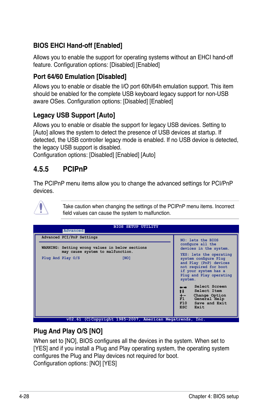 5 pcipnp, Plug and play o/s [no, Bios ehci hand-off [enabled | Port 64/60 emulation [disabled, Legacy usb support [auto | Asus P5E3 DELUXE/WiFi-AP User Manual | Page 98 / 194