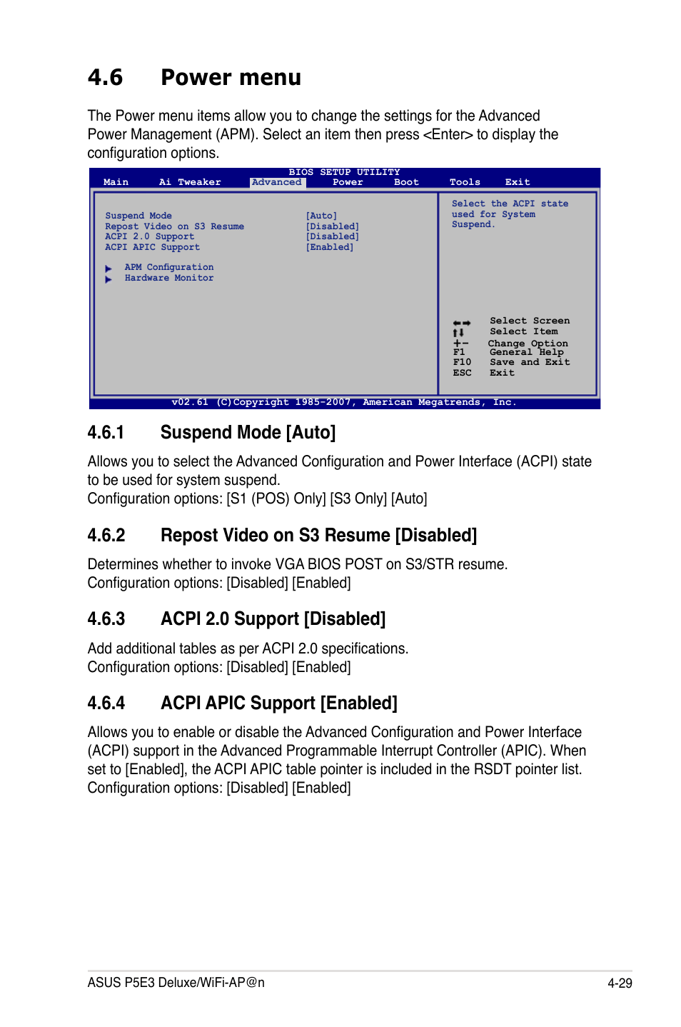 6 power menu, 1 suspend mode [auto, 2 repost video on s3 resume [disabled | 3 acpi 2.0 support [disabled, 4 acpi apic support [enabled | Asus P5E3 DELUXE/WiFi-AP User Manual | Page 99 / 194