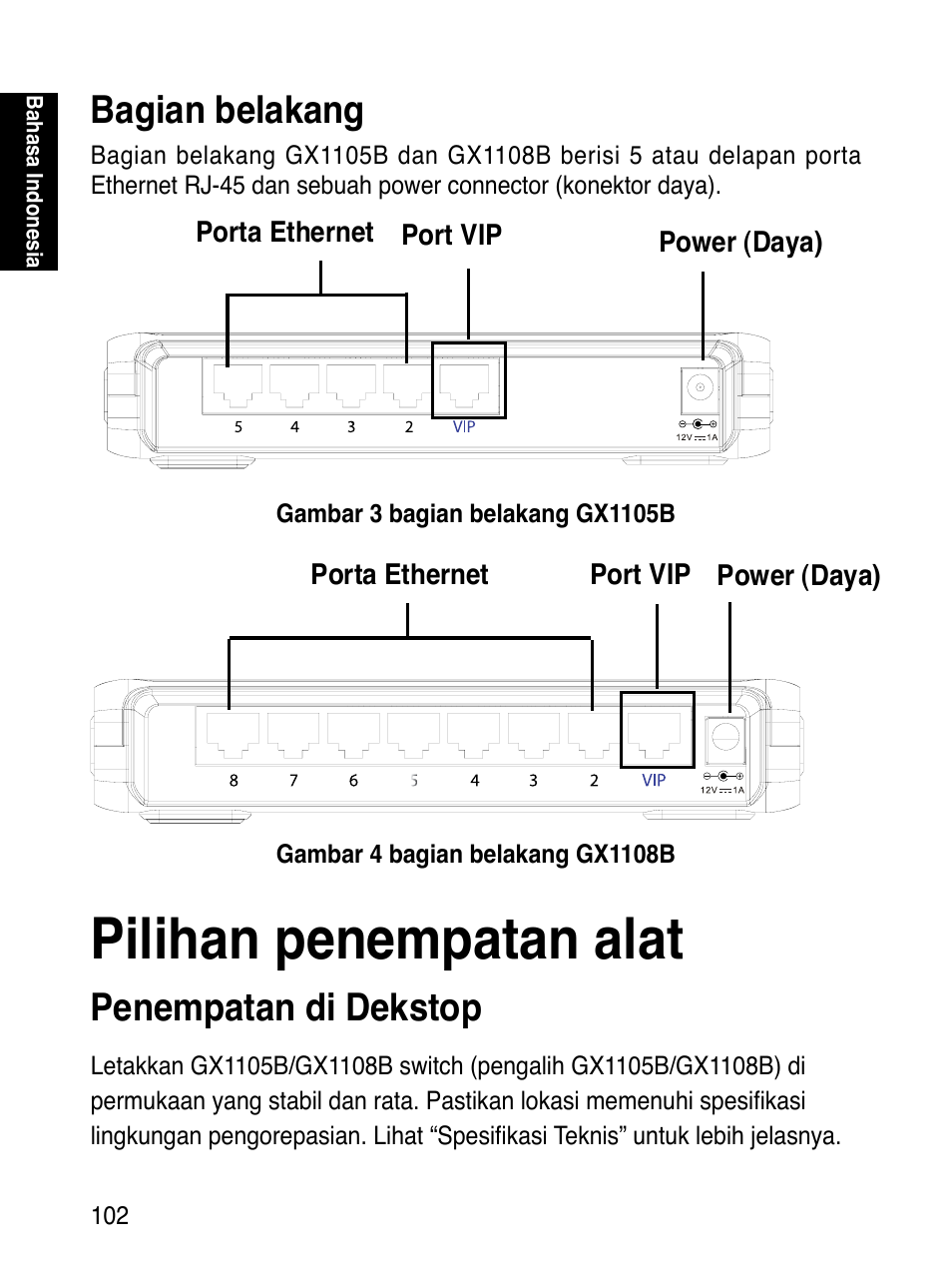 Pilihan penempatan alat, Bagian belakang, Penempatan di dekstop | Asus GX1108B User Manual | Page 103 / 145