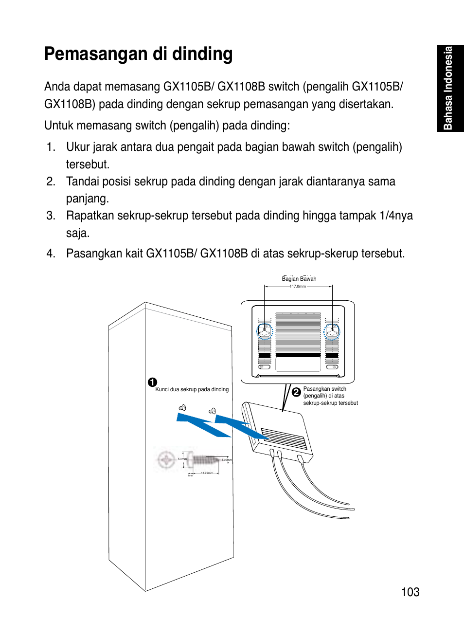 Pemasangan di dinding, Bahasa indonesia | Asus GX1108B User Manual | Page 104 / 145