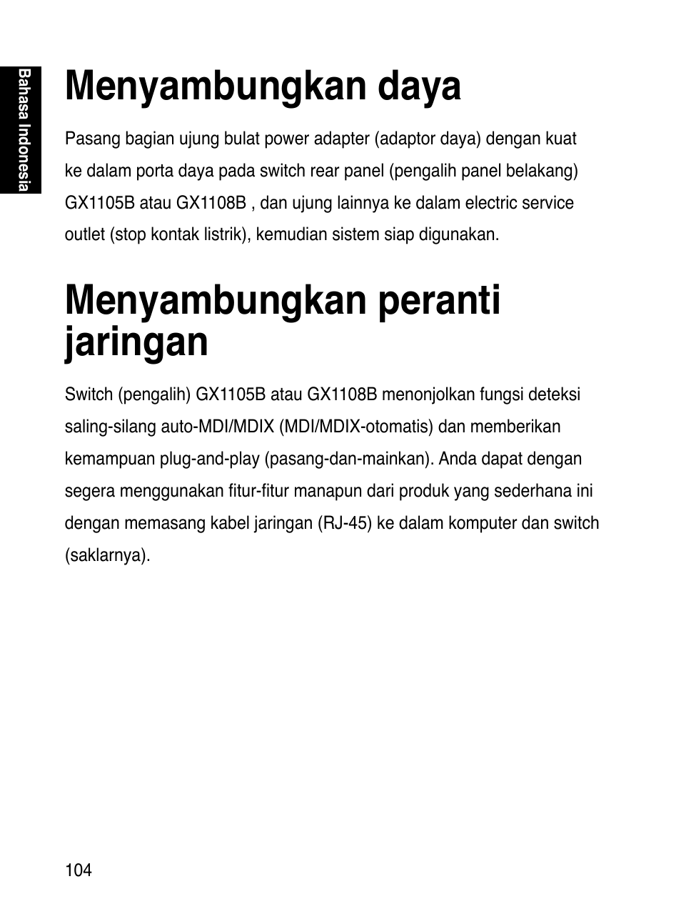 Menyambungkan daya, Menyambungkan peranti jaringan | Asus GX1108B User Manual | Page 105 / 145