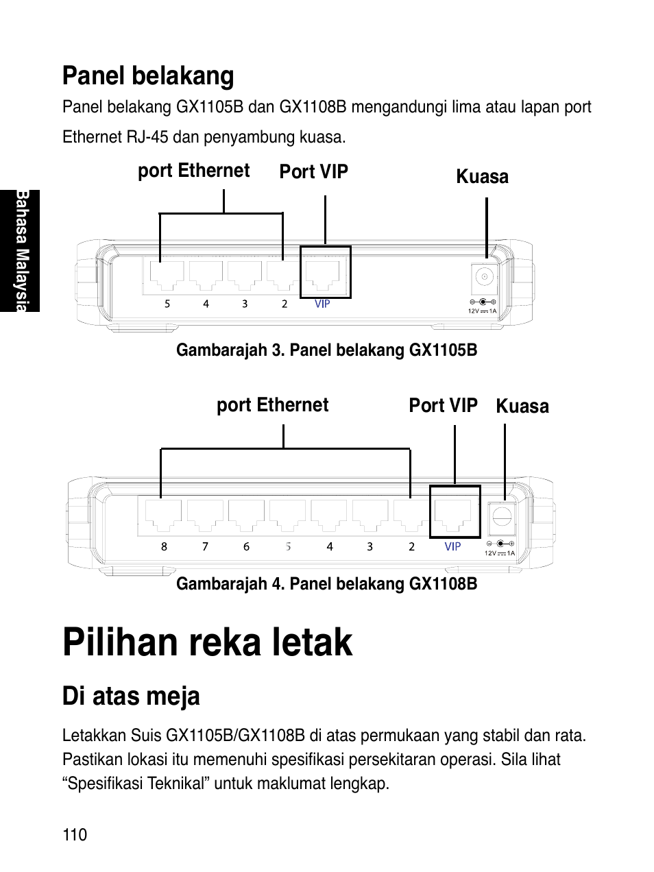 Pilihan reka letak, Panel belakang, Di atas meja | Asus GX1108B User Manual | Page 111 / 145