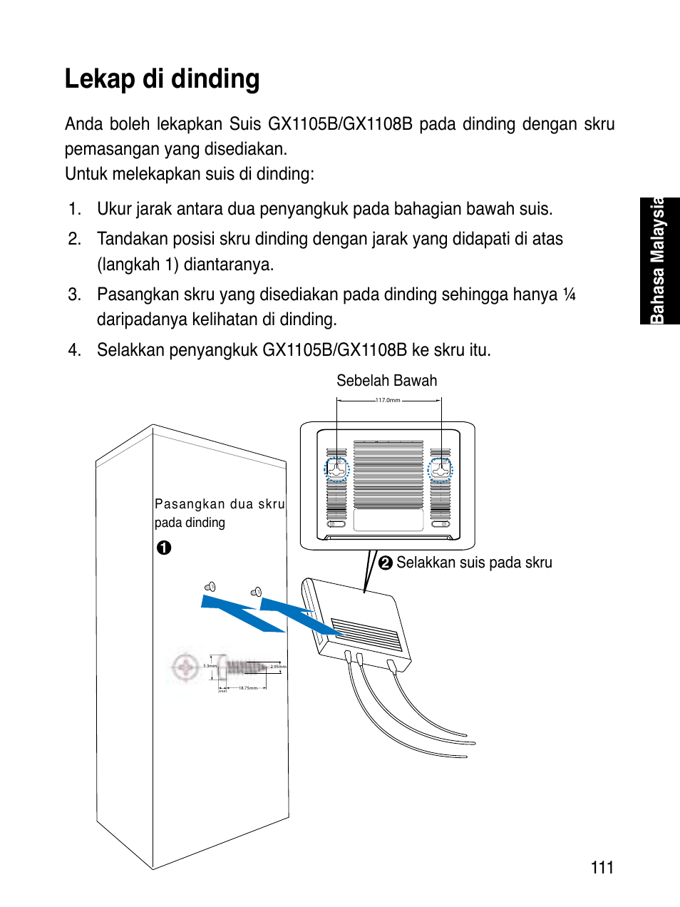 Lekap di dinding, Bahasa malaysia | Asus GX1108B User Manual | Page 112 / 145