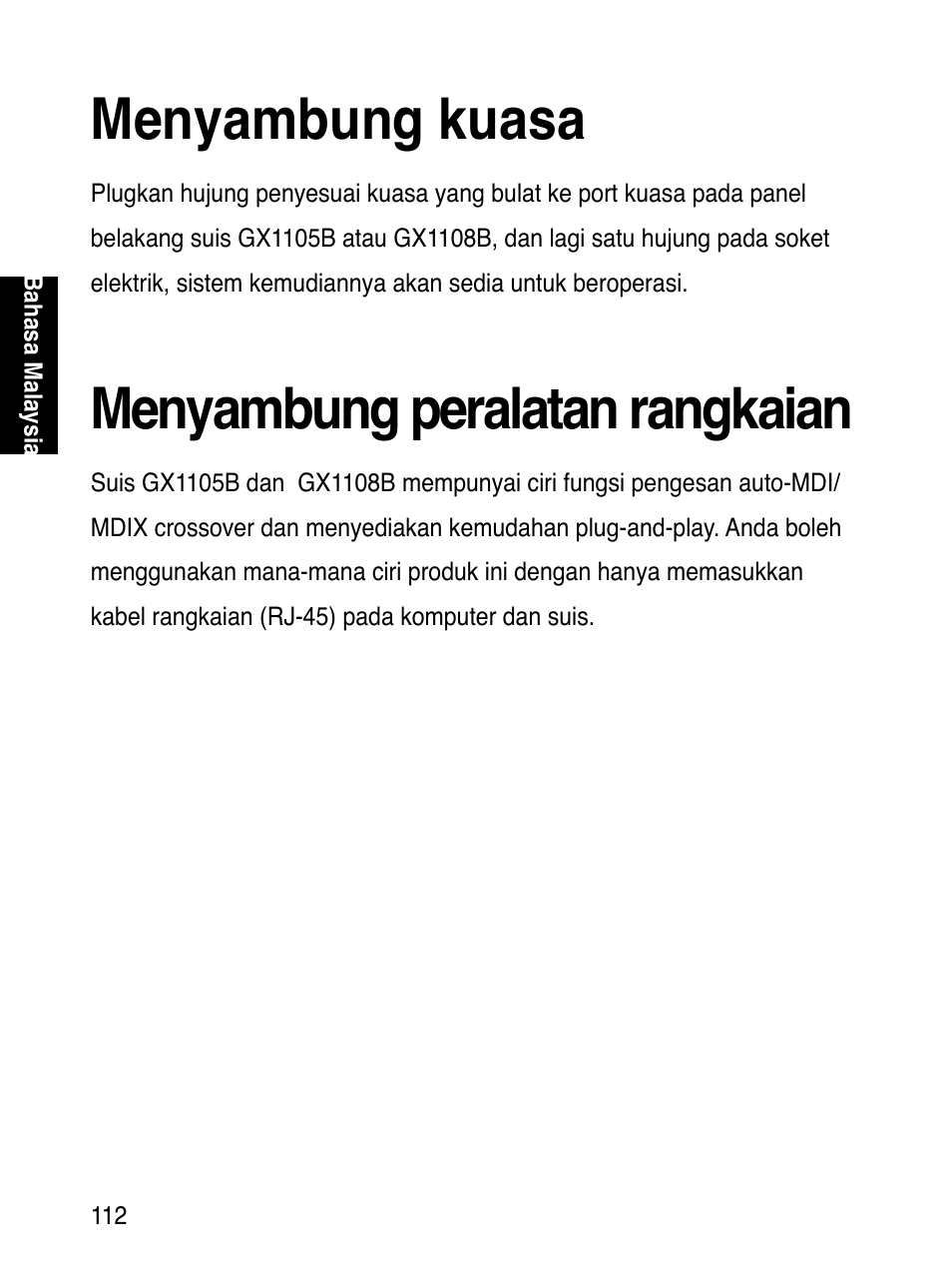 Menyambung kuasa, Menyambung peralatan rangkaian | Asus GX1108B User Manual | Page 113 / 145