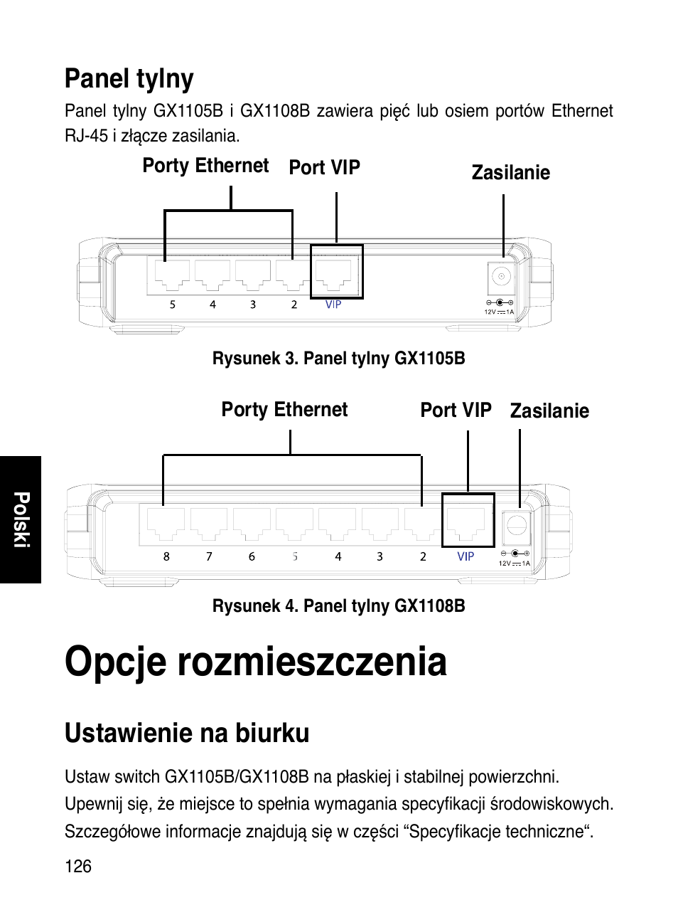 Opcje rozmieszczenia, Panel tylny, Ustawienie na biurku | Asus GX1108B User Manual | Page 127 / 145