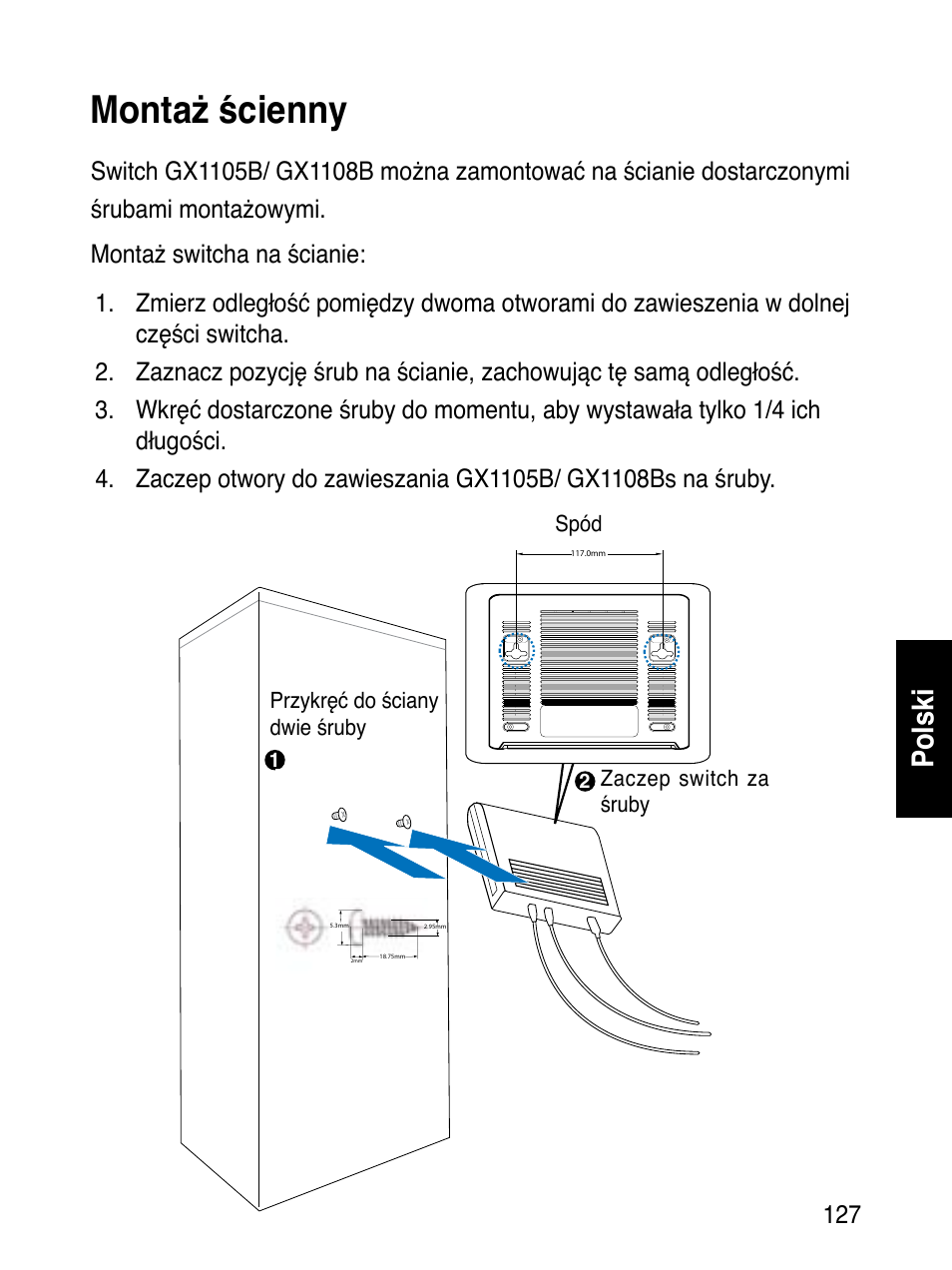 Montaż ścienny, Polski | Asus GX1108B User Manual | Page 128 / 145