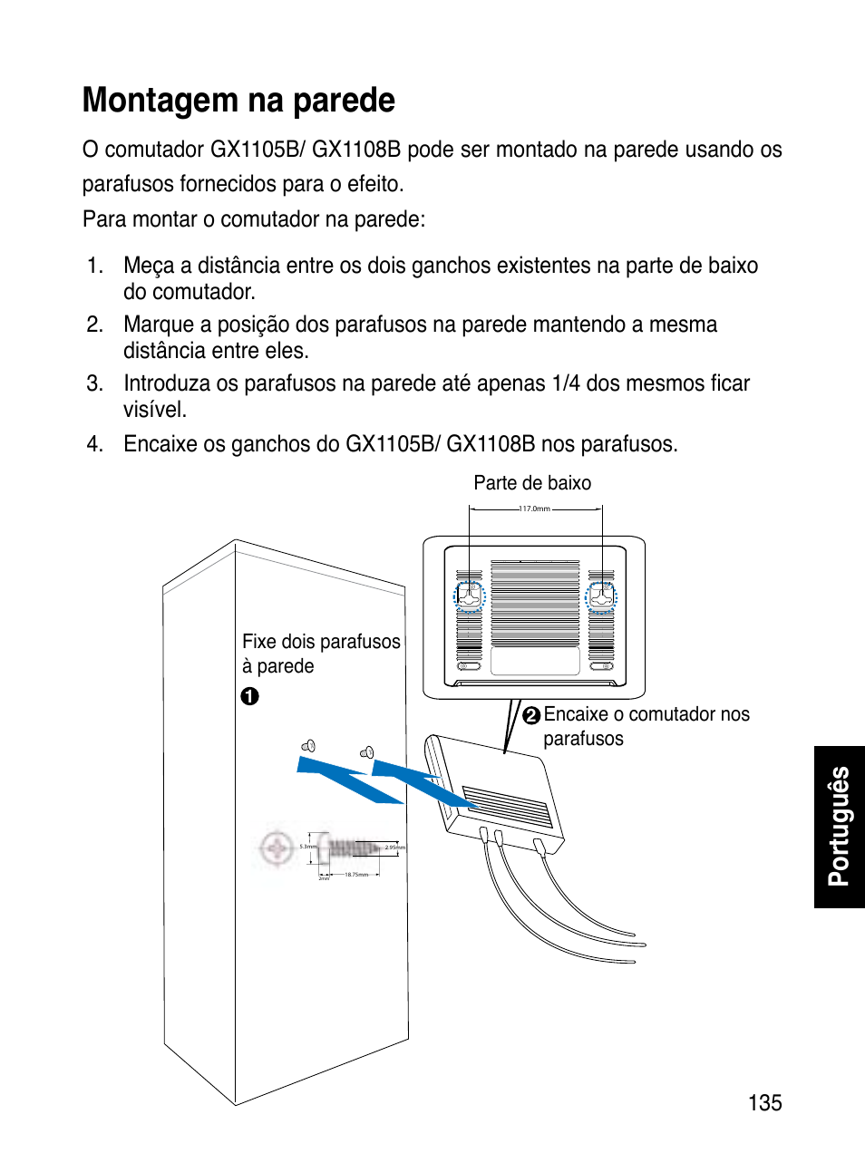 Montagem na parede, Português | Asus GX1108B User Manual | Page 136 / 145