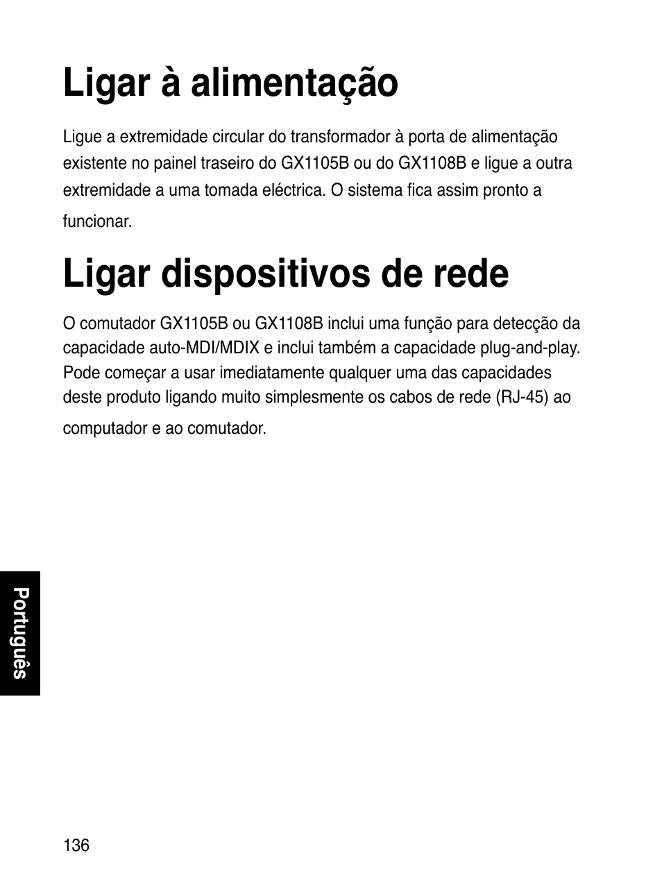 Ligar à alimentação, Ligar dispositivos de rede | Asus GX1108B User Manual | Page 137 / 145