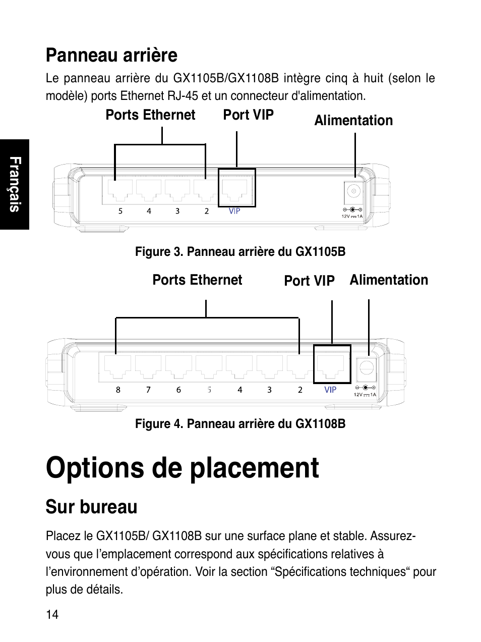 Options de placement, Panneau arrière, Sur bureau | Asus GX1108B User Manual | Page 15 / 145