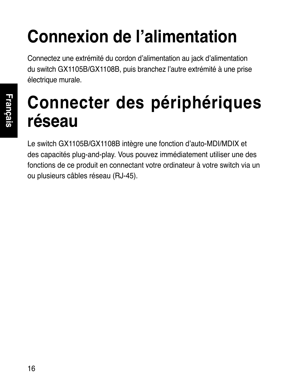 Connexion de l’alimentation, Connecter des périphériques réseau | Asus GX1108B User Manual | Page 17 / 145