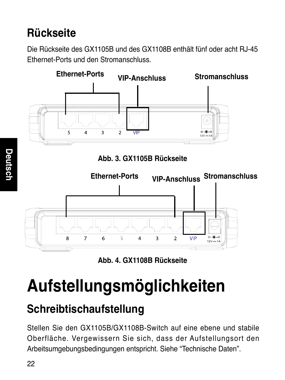 Aufstellungsmöglichkeiten, Rückseite, Schreibtischaufstellung | Asus GX1108B User Manual | Page 23 / 145