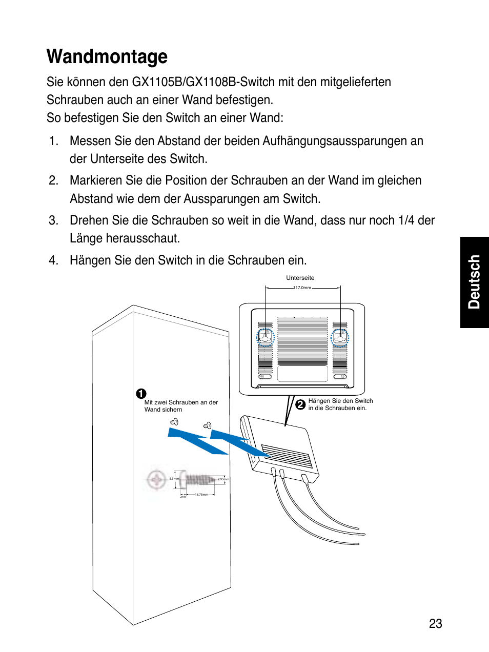 Wandmontage, Deutsch | Asus GX1108B User Manual | Page 24 / 145