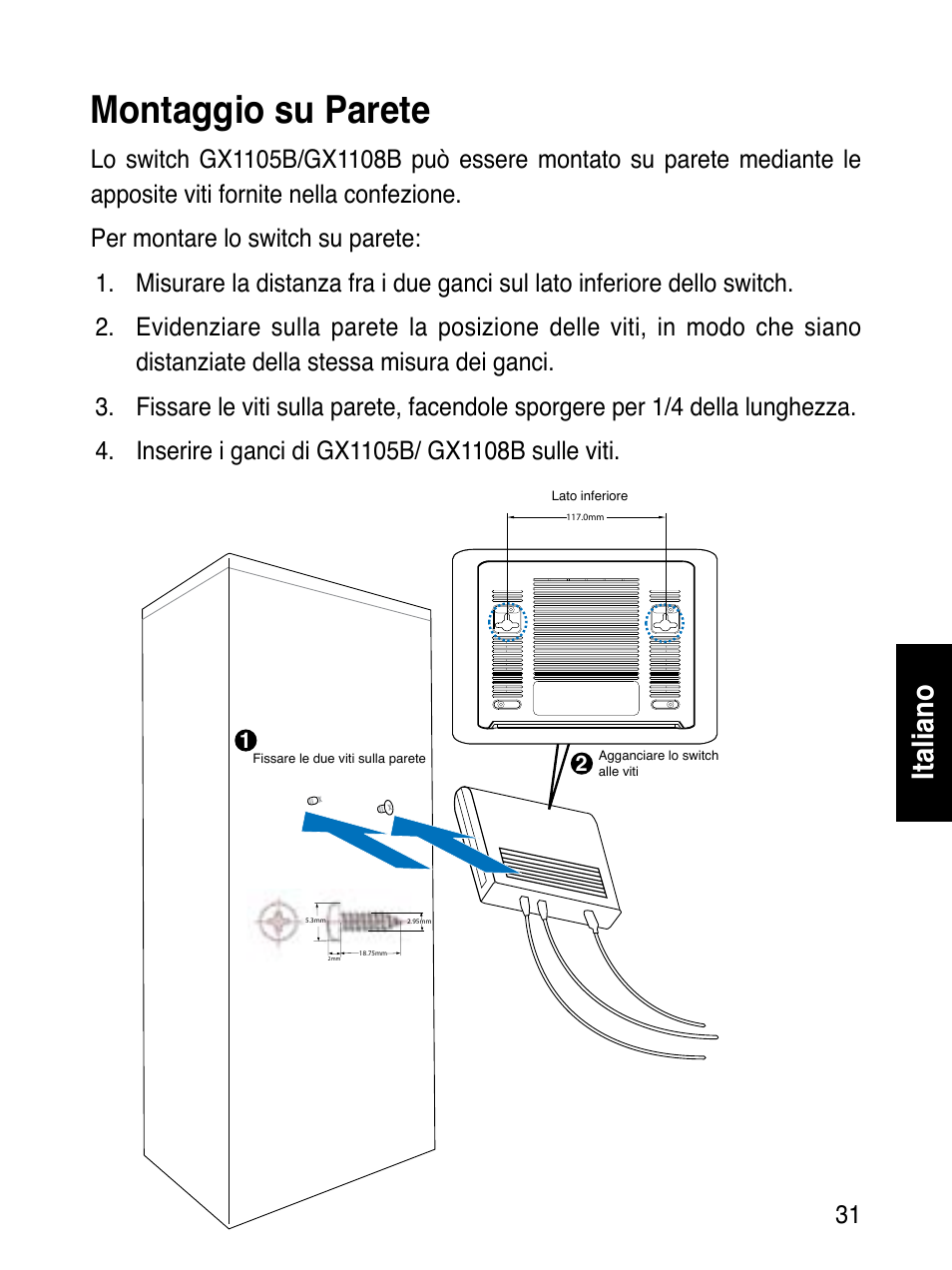 Montaggio su parete, Italiano | Asus GX1108B User Manual | Page 32 / 145