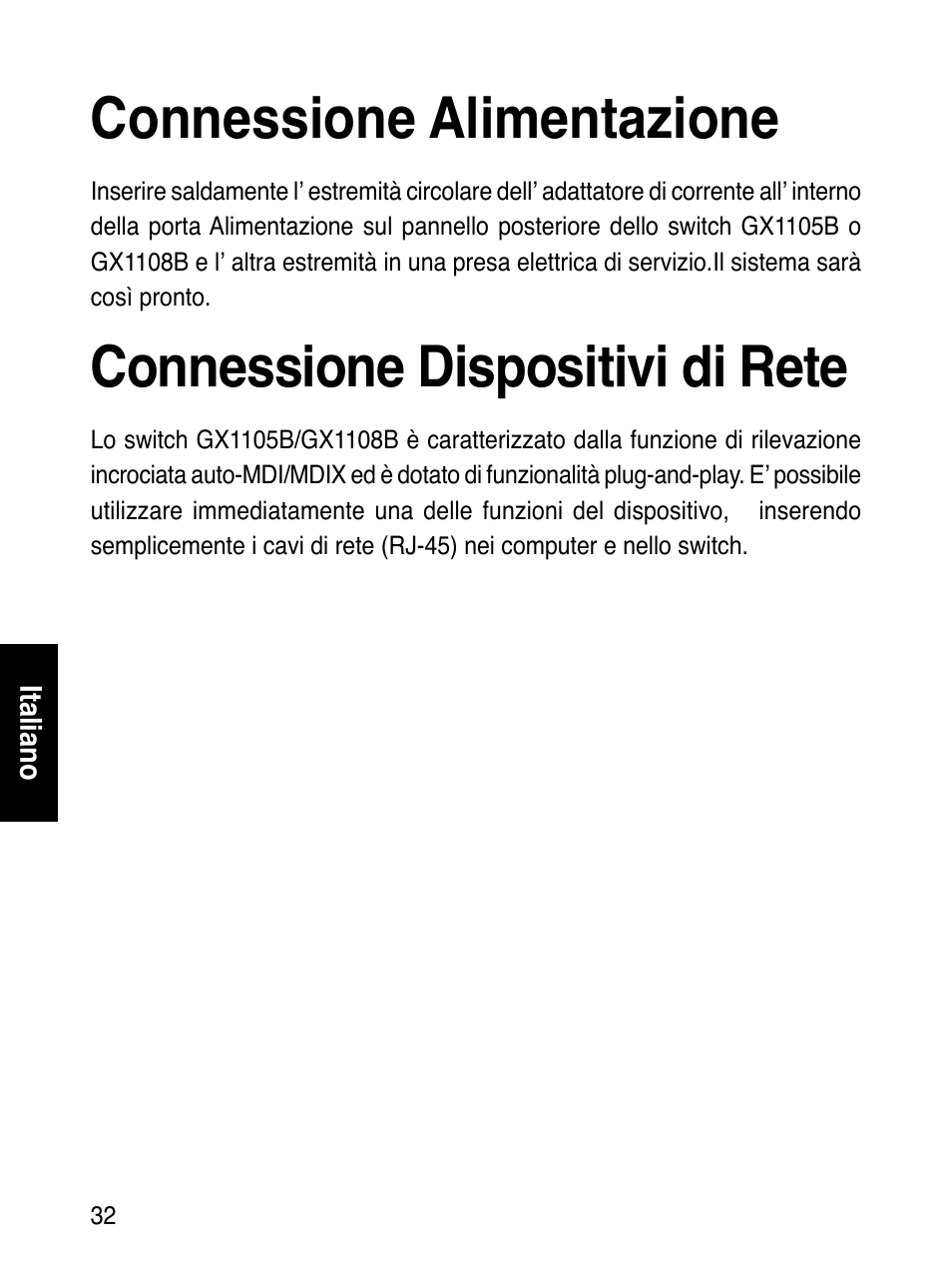 Connessione alimentazione, Connessione dispositivi di rete | Asus GX1108B User Manual | Page 33 / 145