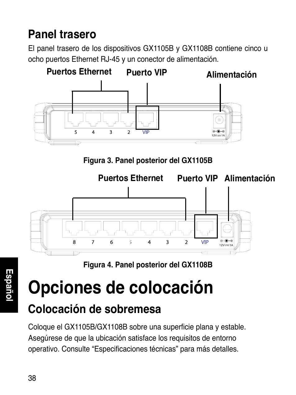 Opciones de colocación, Panel trasero, Colocación de sobremesa | Asus GX1108B User Manual | Page 39 / 145