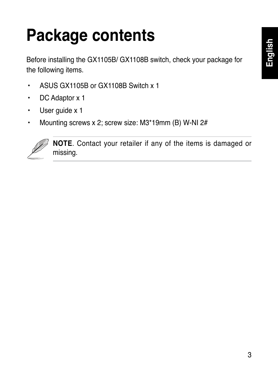 Package contents | Asus GX1108B User Manual | Page 4 / 145