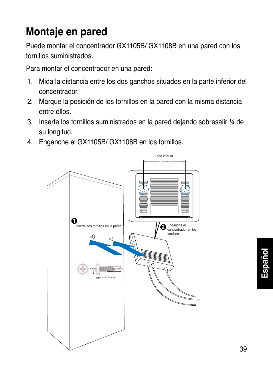 Montaje en pared, Español | Asus GX1108B User Manual | Page 40 / 145