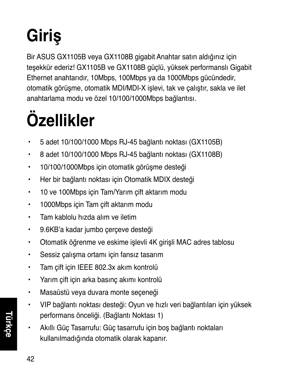 Giriş, Özellikler | Asus GX1108B User Manual | Page 43 / 145