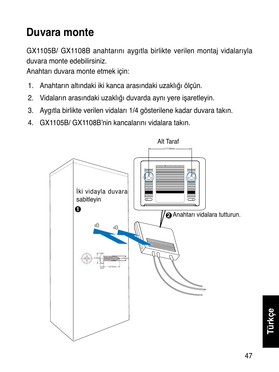 Duvara monte, Türkçe | Asus GX1108B User Manual | Page 48 / 145