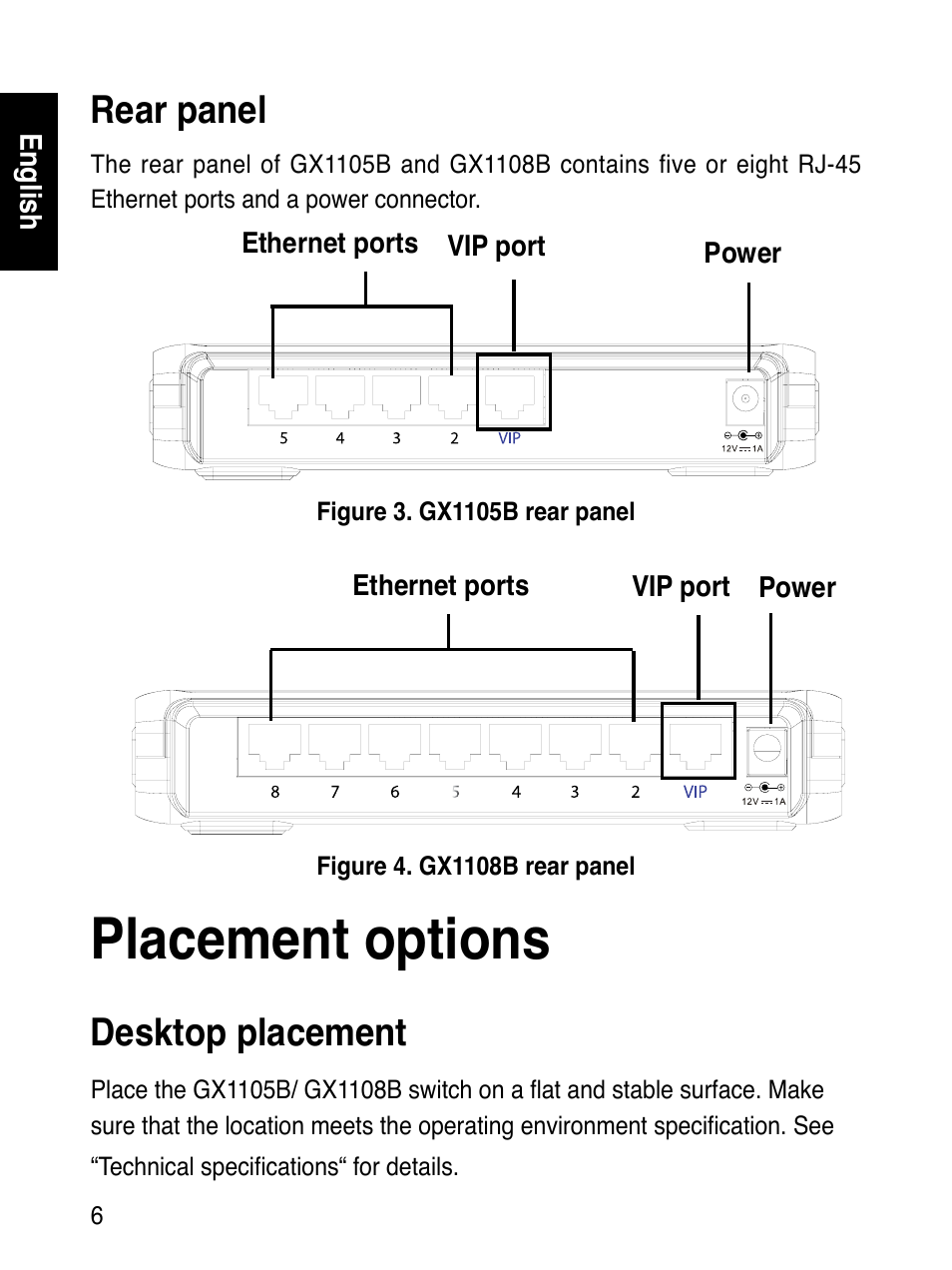 Placement options, Rear panel, Desktop placement | Asus GX1108B User Manual | Page 7 / 145