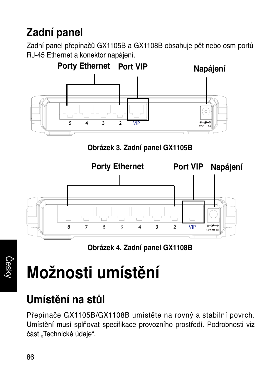 Možnosti umístění, Zadní panel, Umístění na stůl | Asus GX1108B User Manual | Page 87 / 145