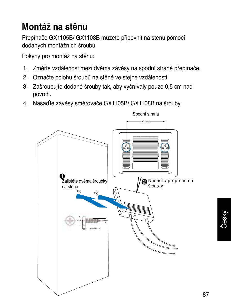 Montáž na stěnu, Česky | Asus GX1108B User Manual | Page 88 / 145