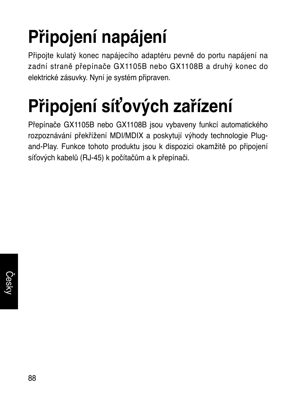 Připojení napájení, Připojení síťových zařízení | Asus GX1108B User Manual | Page 89 / 145